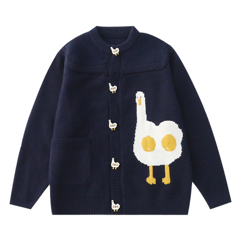 2024 New Autumn and Winter Retro Cute Big White Goose Sweater Knitted Cardigan Jacket for Women Sweet Loose Versatile Top
