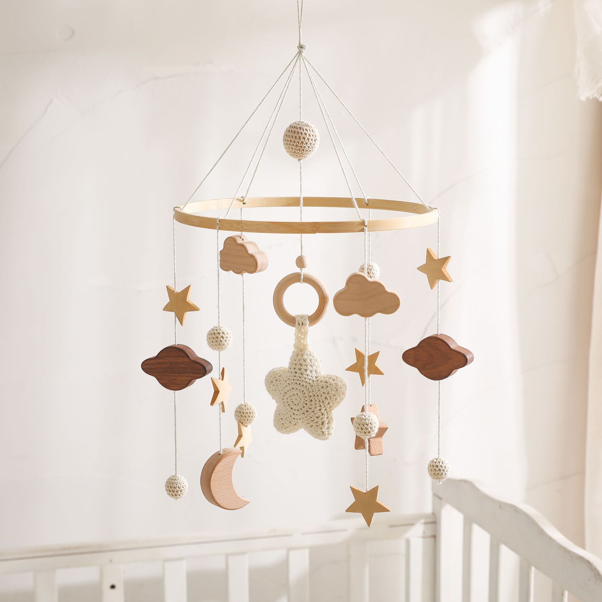 Stars, Moon and Clouds Crib Pendant, Baby's Breath Bed Bell, Simple Baby Room Decoration, Wooden Wind Chime Pendant