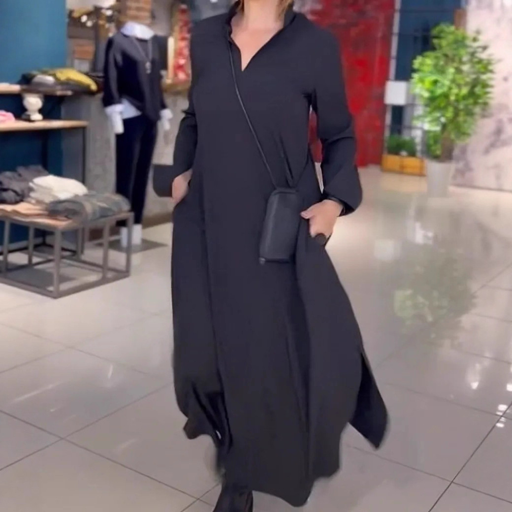 Cross-border autumn and winter new Amazon European and American casual solid color V-neck long sleeve pocket dress women's clothing