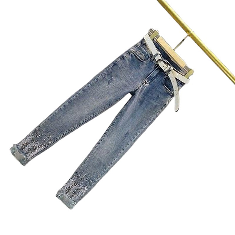 European Sequin Hot Diamond Small-Foot Jeans for Women 2022 Summer New High-Waist Slim Slimming Look Pencil Pants