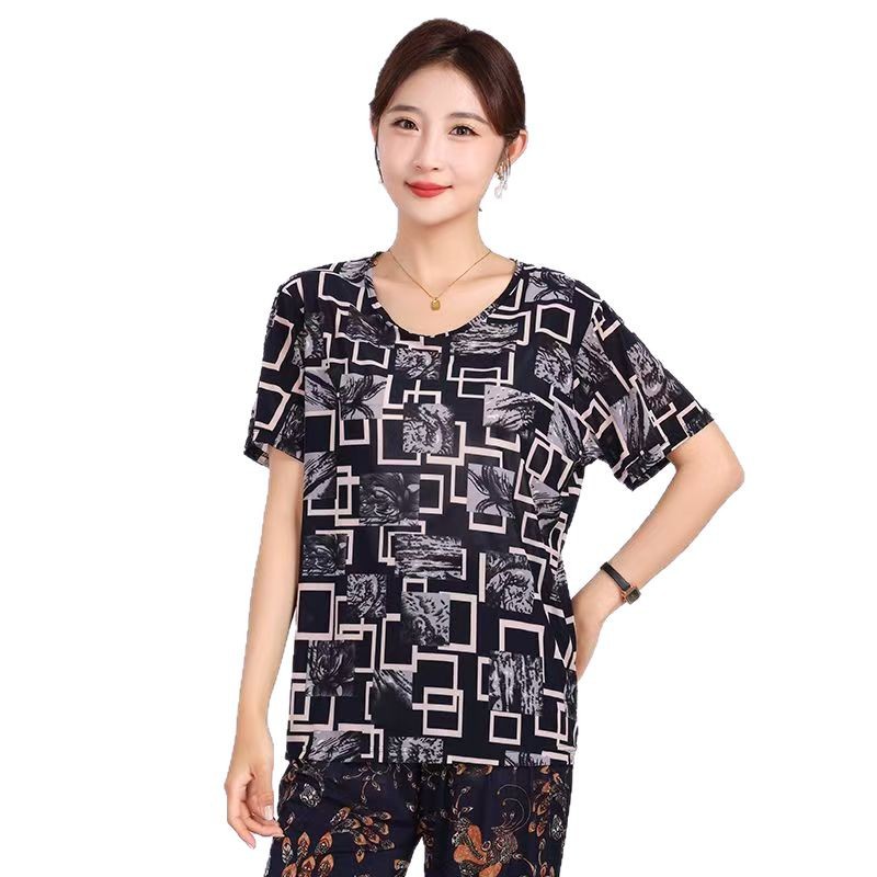 Picture of Middle-aged summer short-sleeved women's T-shirt mother outfit for the elderly loose elastic casual round neck plus size ice silk wholesale