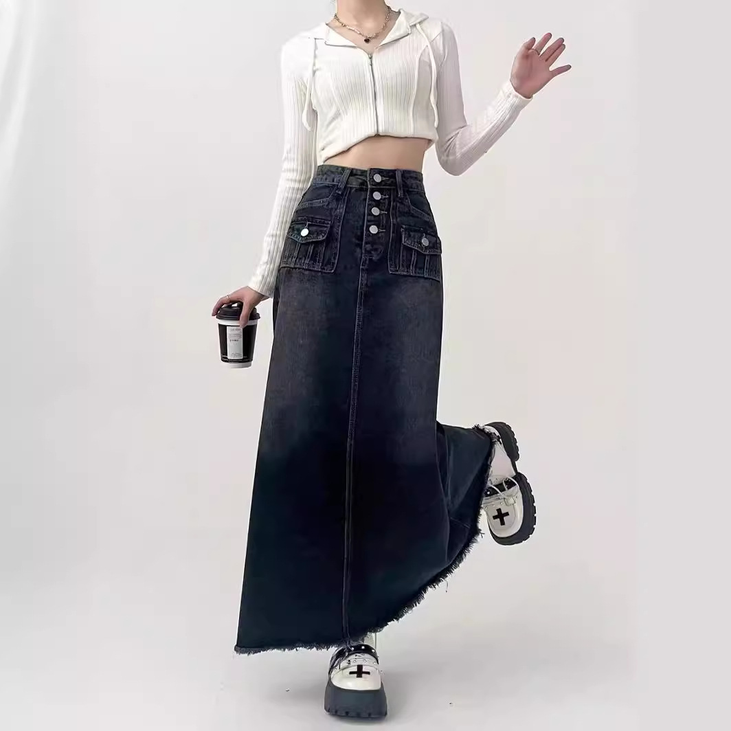 Vibe Design Sense Denim Skirt Women's Summer A- line High Waist Slimming Vintage Umbrella Skirt Fashionable Long Skirt with Rusted Edge