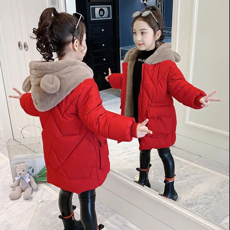 Girls' 2021 Western Style Cotton Coat Autumn and Winter Clothes Korean Style Hooded Cartoon Cotton Coat for Little Girls Mid-length Cotton-padded Jacket Warm-keeping Trendy