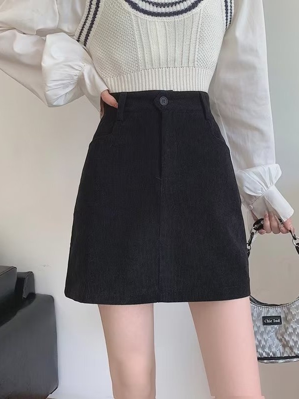 2023 new women's small corduroy A- line skirt autumn high waist slimming hot girl sheath short skirt