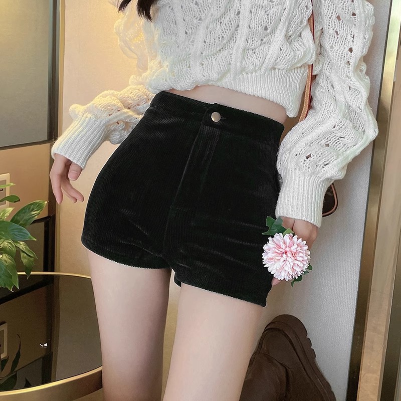 Women's outer wear tight shorts women's boots stretch small corduroy pants xs autumn and winter black bottoming high waist high waist