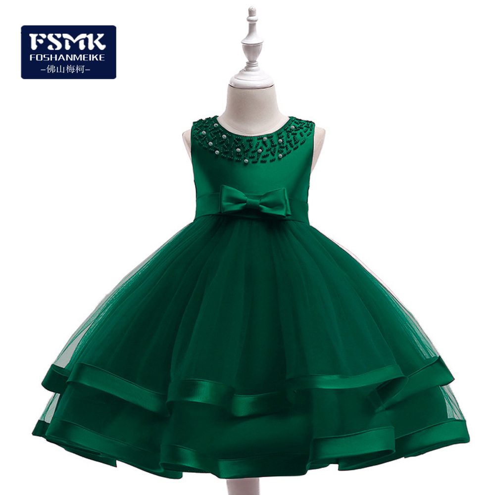 2024 cross-border new children's dress princess dress big children's beaded cake puffy skirt ribbon flower girl wedding dress