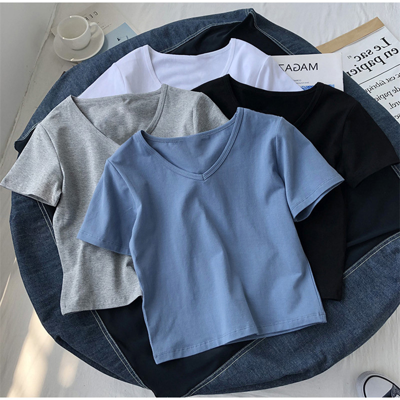 2021 new summer T-shirt women's short-sleeved ins fashionable cropped v-neck slim fit tight top with high waist pants