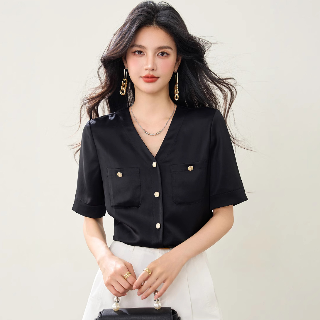 G8921 Elegant Work Clothing V Neck Double-Sided Satin Acetate Shirt Imported Eastman Metal Button Elegant Shirt for Women
