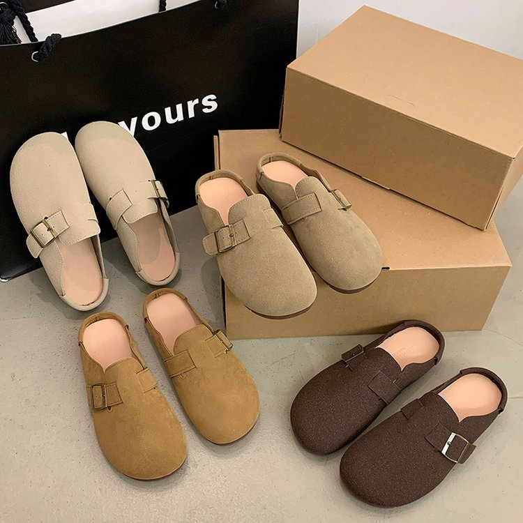 Vintage Buckle Toe Half-Slip Women's Outer Wear 2025 Spring New Korean Style Soft Bottom Lazy Soft Bottom Flat Slippers for Women