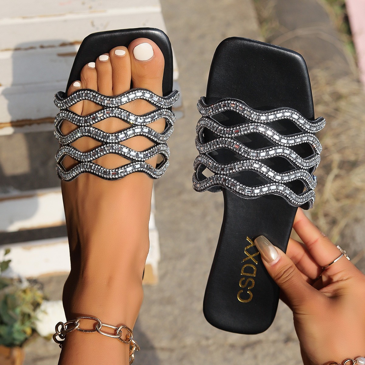 Rhinestone Flat Slippers Women's Square Head Slip-on Home Slippers Foreign Trade plus size Flat Slippers