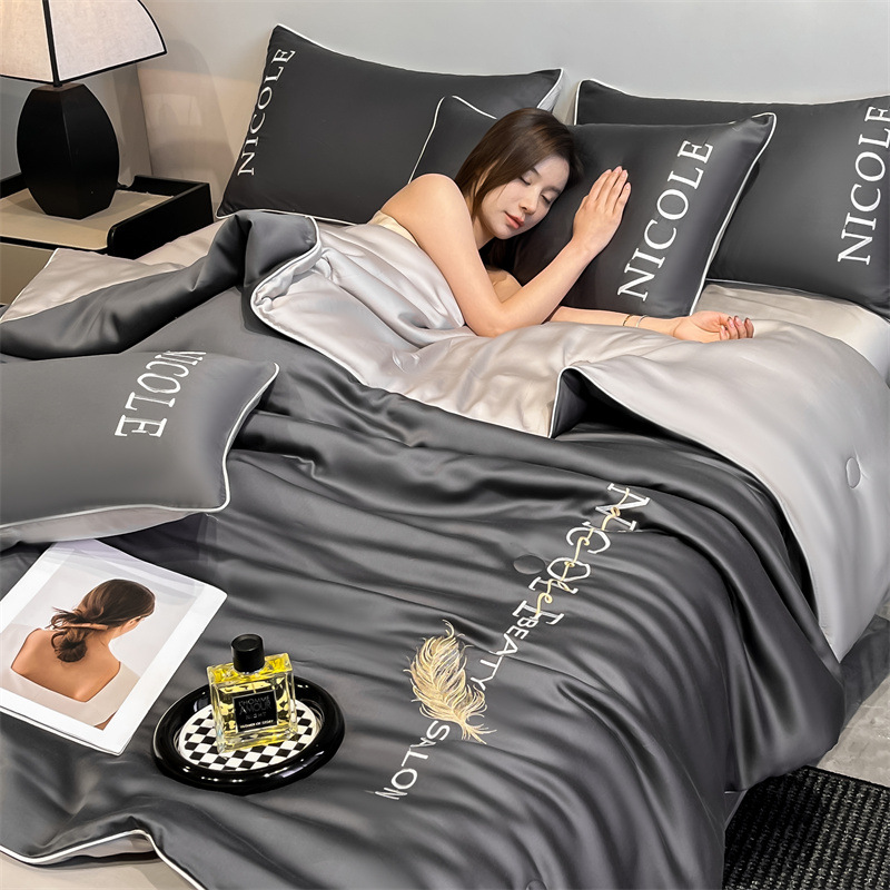 Picture of Washed Ice Silk Summer Quilt Four-piece Solid Color Embroidered Cool Air Conditioned Quilt Summer Gift Summer Quilt Summer Thin Quilt