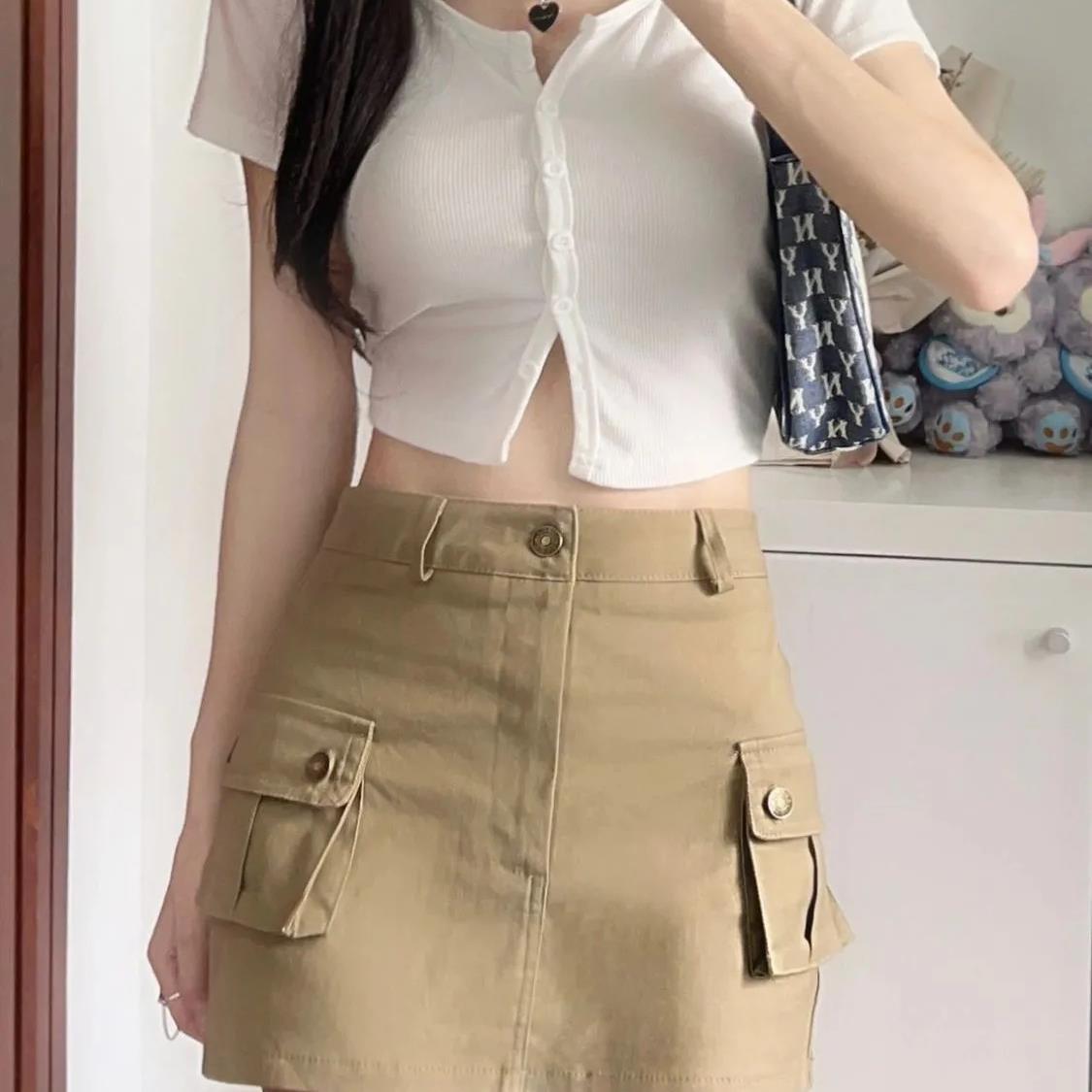 khaki Workwear Skirt Women's Summer Hot Girls Anti-glare Denim Slimming Retro Skirt High Waist A- line Short Skirt