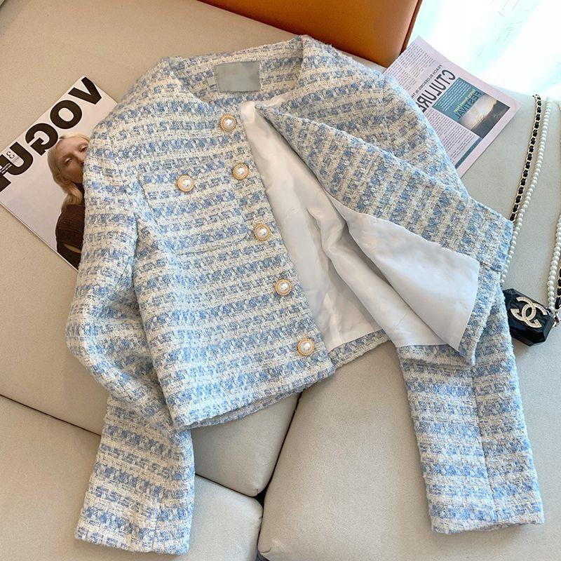 Picture of Blue Tweed Jacket for Women 2025 Spring and Autumn French Style Elegant Pearl Button Tweed Short Jacket