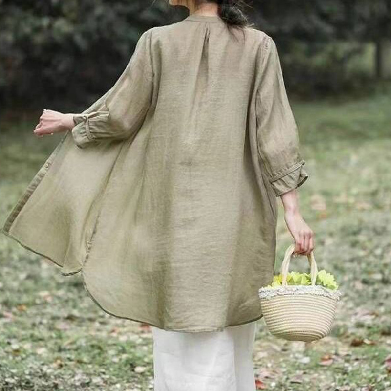 Picture of Women's Retro Embroidered Cotton and Linen Cardigan Long 2024 Summer Elegant Sun Protection Clothing Air-conditioning Shirt Casual Style Jacket