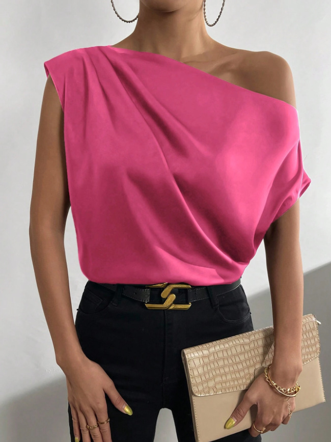 Picture of 2025 Spring Solid Color Satin Simulated Silk Irregular Sloping Shoulder One-Neck Pullover Sleeveless Shirt Women's European and American Clothing
