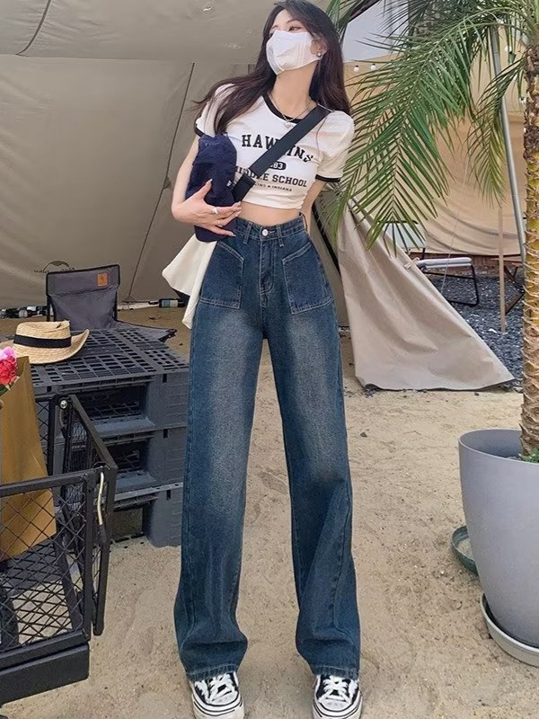 Retro Blue High-Waisted Jeans for Women in Summer with Pocket Design and Drapey Straight-Leg Simple Wide-Leg Trousers for Small People
