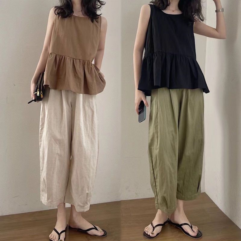 2023 Summer new Korean style cotton and linen two-piece suit loose slimming casual cropped pants
