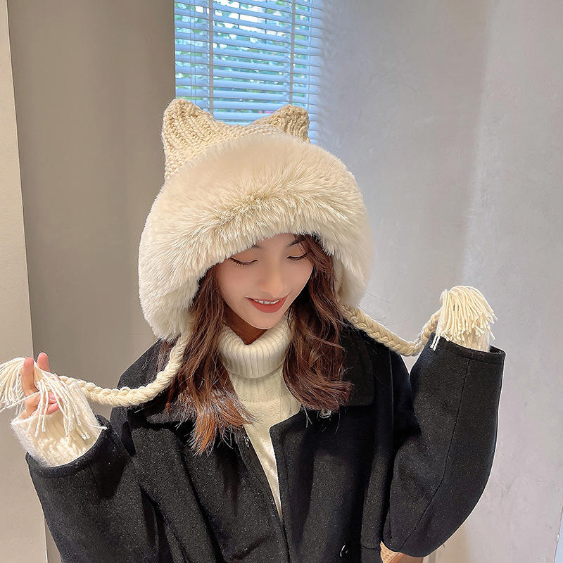 Tiktok popular braid plush hat Japanese cat ears Lei Feng hat female winter knitted earmuffs cute woolen hat