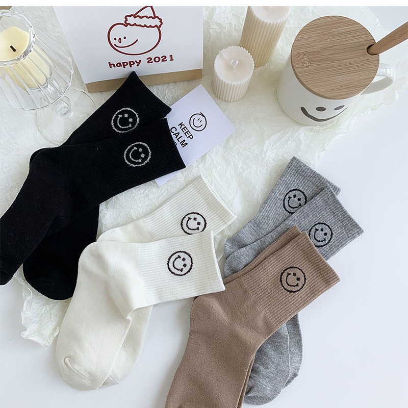 Smiley Socks Women's Mid-Length Socks Spring and Summer ins Trendy Online Popular Korean White Sports All-Match Outer Wear Mid-Length Socks Women