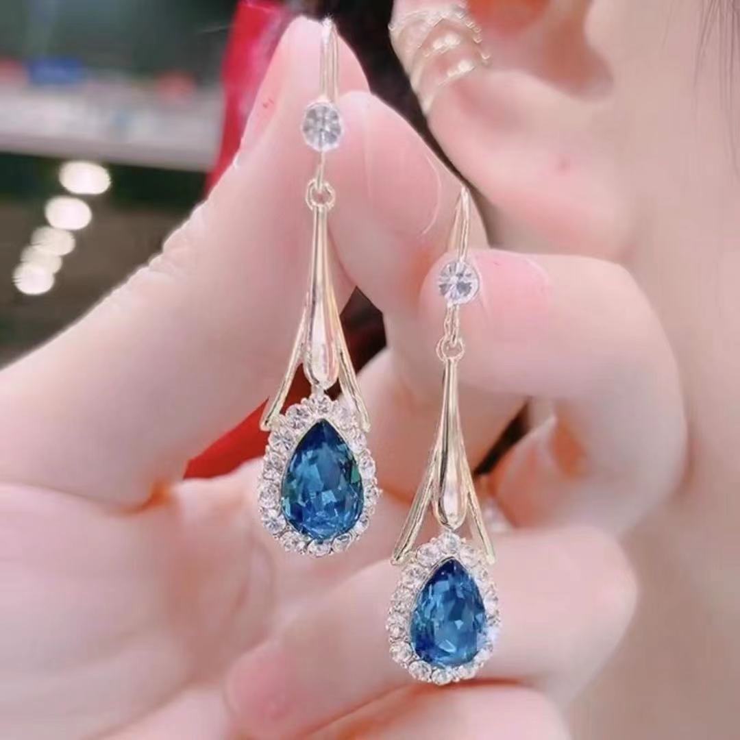 Korean Elegant Blue Crystal Earrings for Women, Long Style, Versatile Lady Earrings, Fashionable Elegant