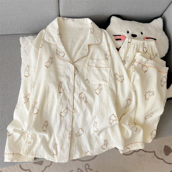 Spring and Autumn Pajamas, Women's Clouds, Cotton Long Sleeves, Pants, Cardigans, Lapel Sets, Cartoon Cute and Loose, Wear Loungewear