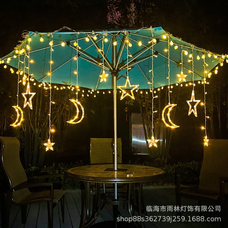 Cross-Border Led Solar Star and Moon Curtain Lights Star Lights Christmas Outdoor Courtyard Holiday Decorative Lights Camping Style Lights