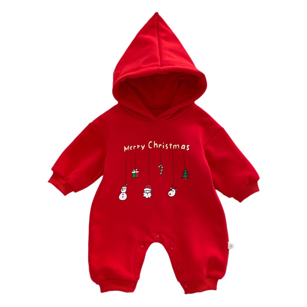 Ins K-Style of Infants and Young Children in Autumn and Winter, Fashionable Christmas One-Piece Rompers for Boys and Girls, Newborn Velvet Hooded Hoodies