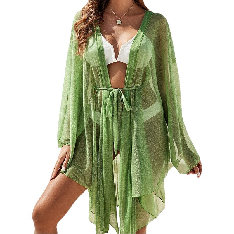 Cross-border Amazon European and American Fashion Sexy Deep V Blouse Beach Seaside Sunscreen Casual Loose Lace-up Skirt