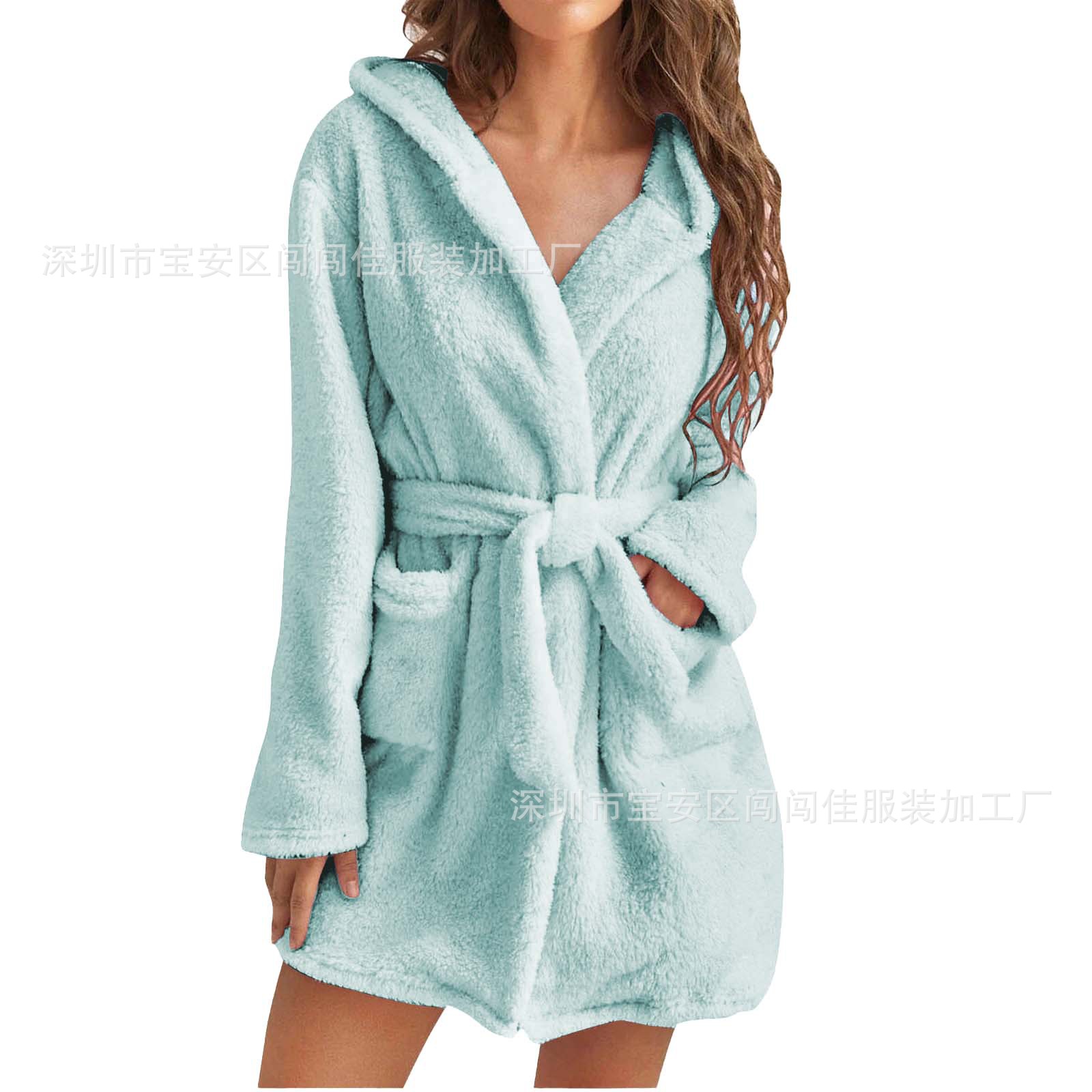 2025 Cross-Border European and American Export Amazon Autumn and Winter Warm Bathrobe Hooded Home Clothes Plush Pajamas Nightgown
