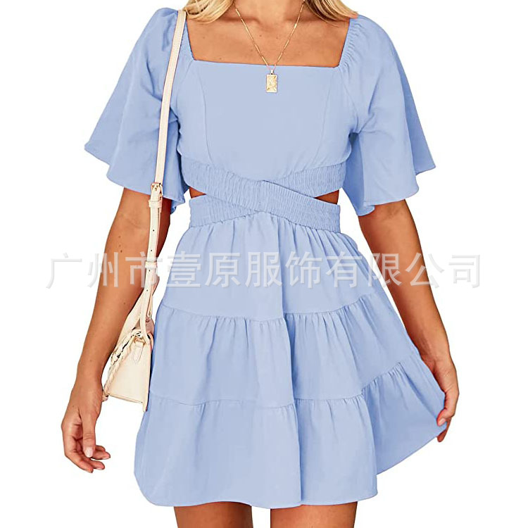 2023 Amazon Summer New Square Collar Double Waist-exposed Dress Flare-sleeved Short-sleeved Solid Color Layered Short Skirt for Women