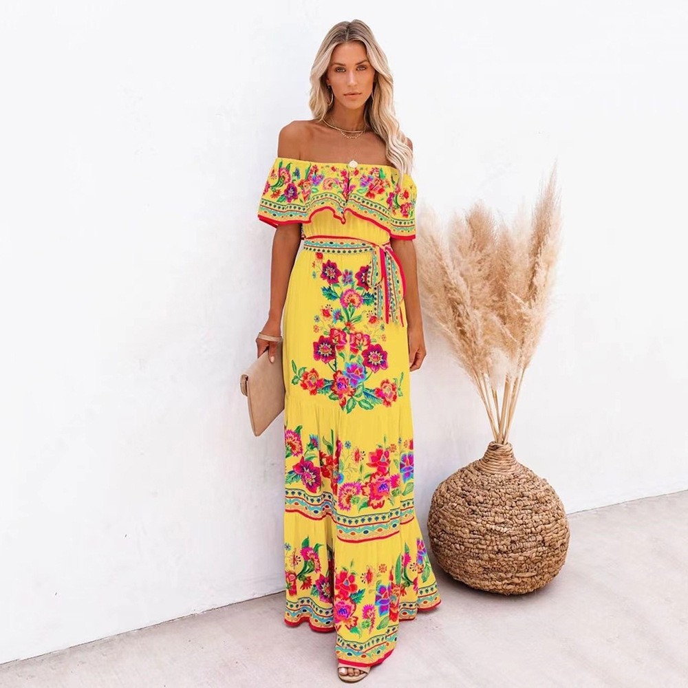 2025 European and American Spring and Summer Independent Station Amazon New One-Shoulder Red Flower Print Long Swing Dress