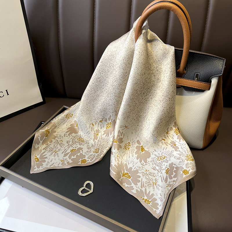 Picture of Spring and Autumn Thin Japanese and Korean Sweet Champagne Color Small Floral Silk Mulberry Silk 70cm Square Scarf Silk Scarf Hair Band Headwear Women