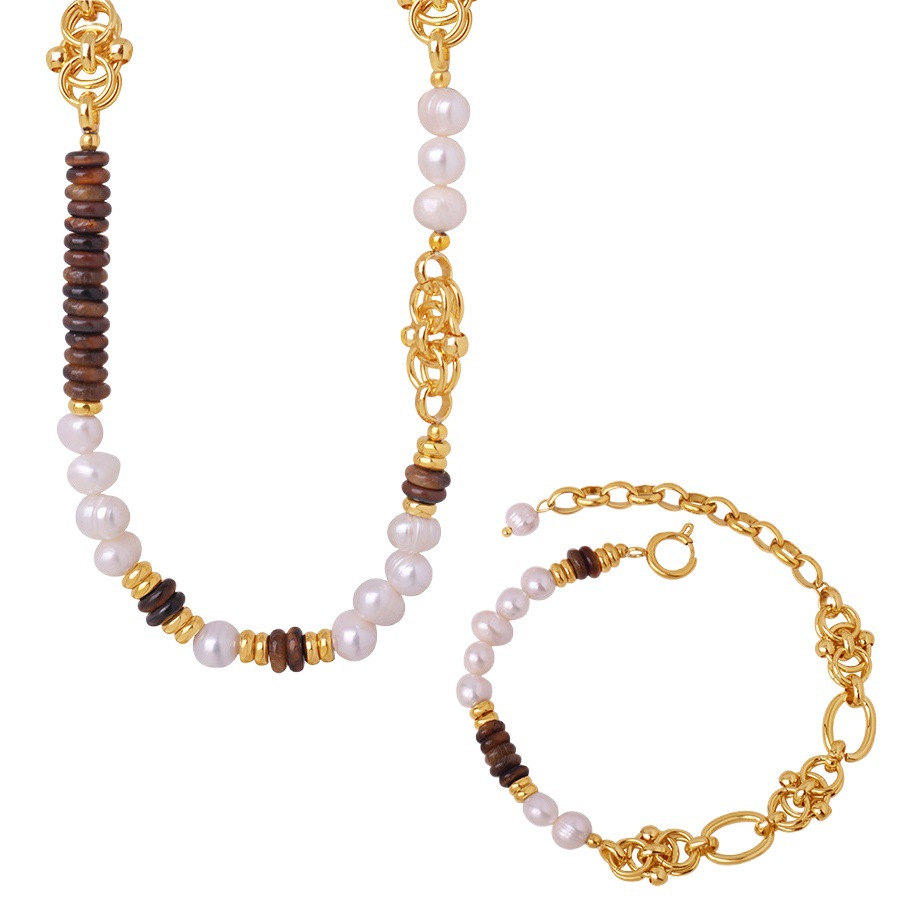 Retro light luxury fashion personalized design natural Tiger Eye Stone freshwater pearl handmade beaded necklace bracelet suit women