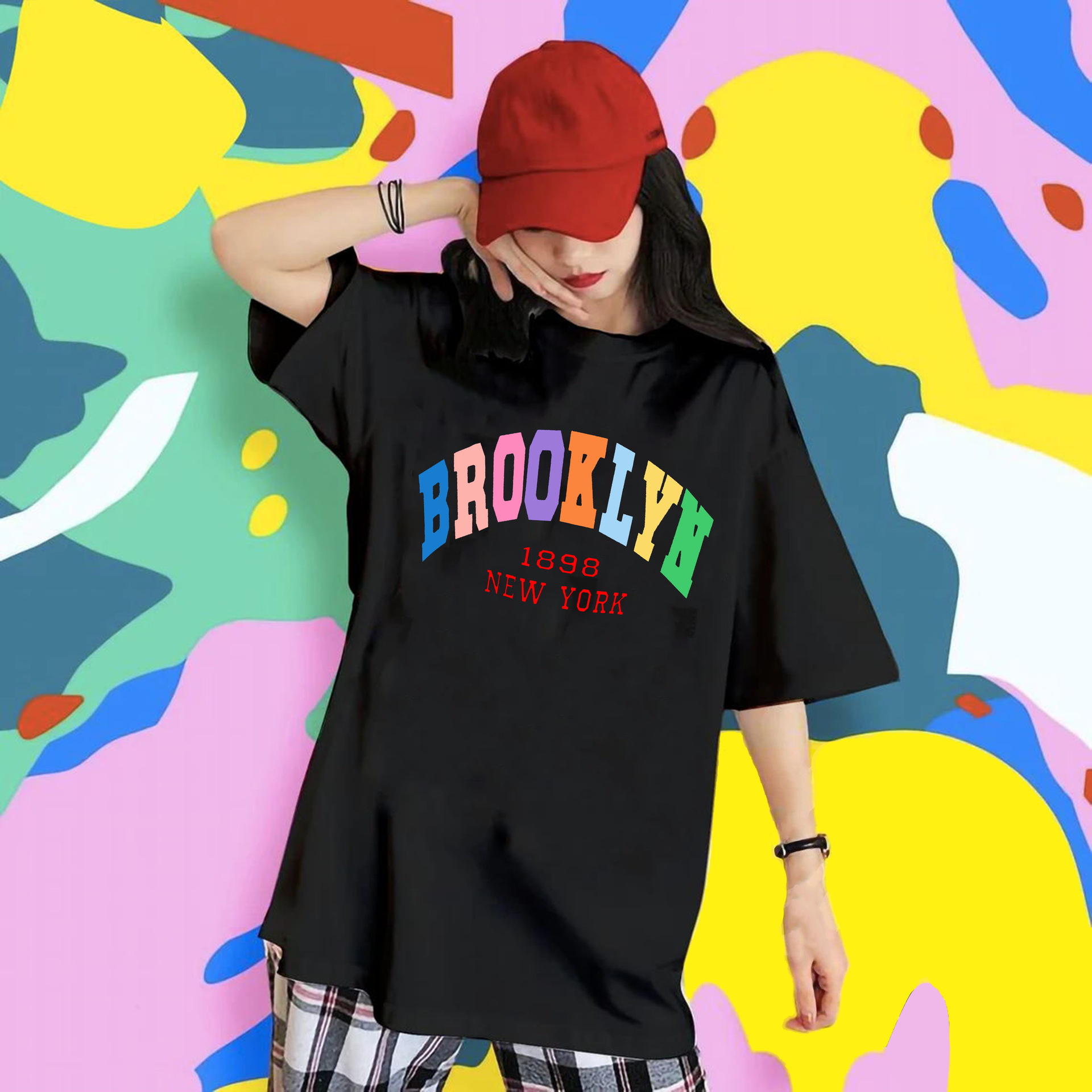 2022 AliExpress Cross-border New shirt Shoulder T-shirt Loose BROOKLYE Letter Pattern Women's T-shirt