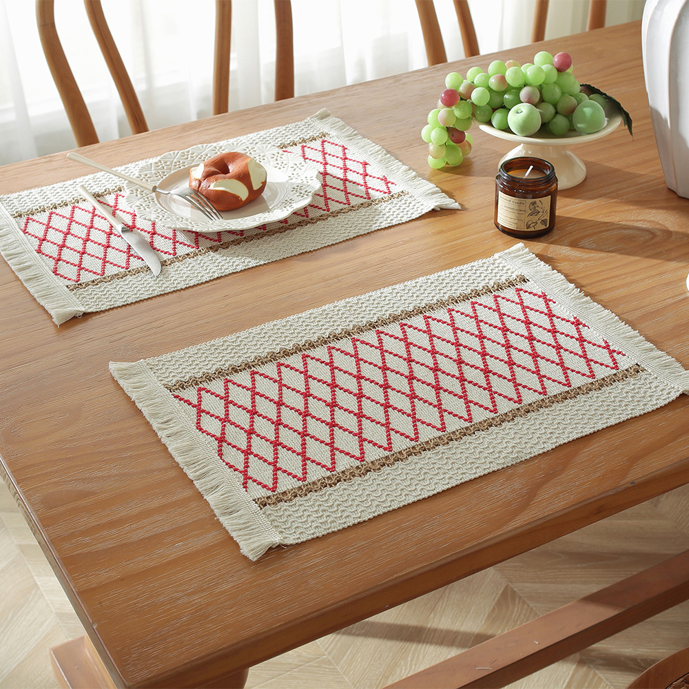 Picture of Amazon new cotton and hemp rope placemat holiday placemat woven color matching striped tassel bowl mat spot wholesale