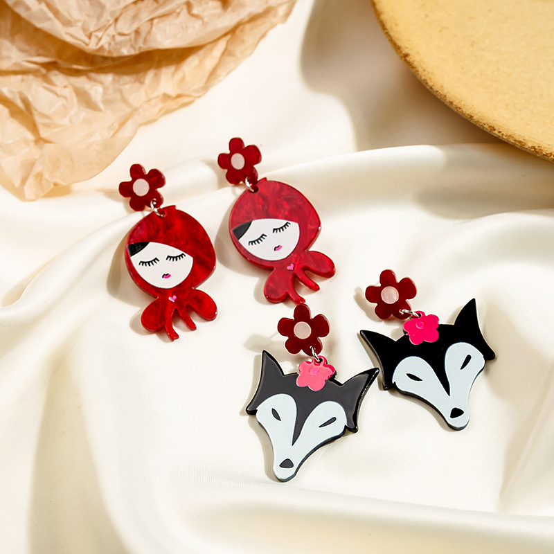 Silver Needle Playful Cartoon Cute Little Red Riding Hood Earrings Cartoon Personality Big Wolf Earrings Acrylic European and American Earrings