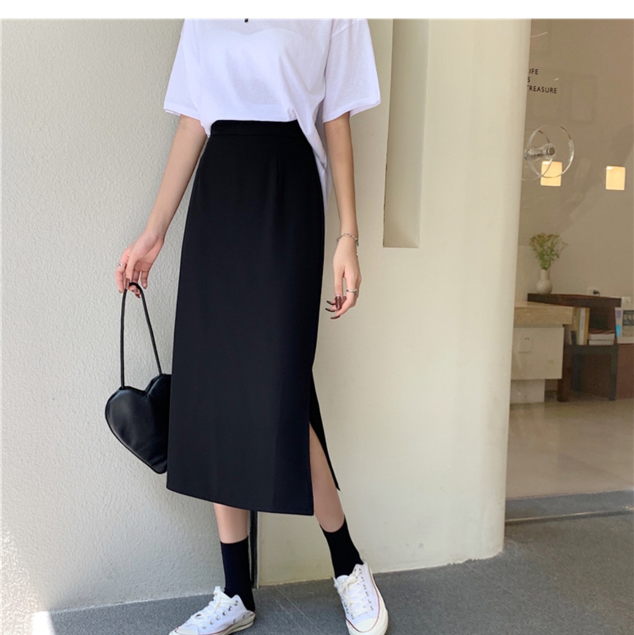 Picture of 2023 Summer A- shaped High Waist Skirt Women's One-step Split Hip Cover Slimming Mid-length Black Hip Skirt