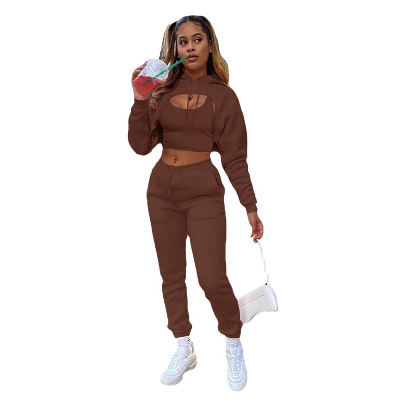 2024 European and American Fashion Women's Velvet Drawstring Pure Color Hooded Sweatshirt Long-Sleeved Drawstring Trousers Vest Three-Piece Suit