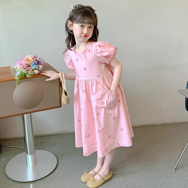 Little Girl Puff Sleeve Princess Dress Big Kids Summer New Fashion All-match Solid Color Sweet All-match Casual Skirt