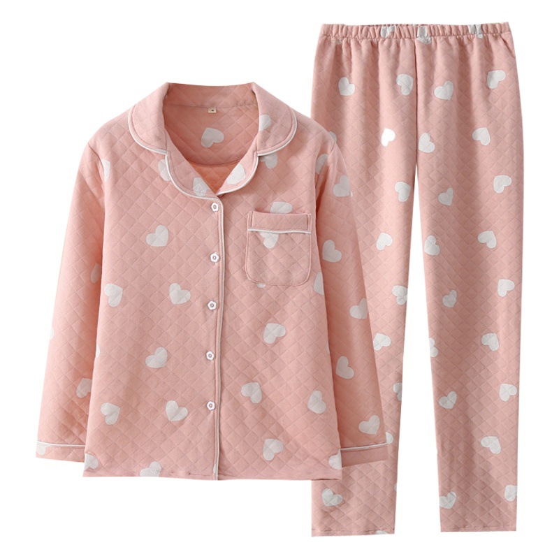Autumn and winter air layer lapel cotton set cotton two-color love home clothes women's home breathable warm pajamas