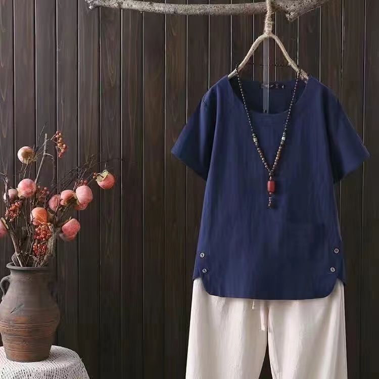 Spring and Summer Large Size Loose Fat mm Literary Retro Ethnic Style Cotton and Linen Short-Sleeved Pure Color T-Shirt Tops Export Wholesale