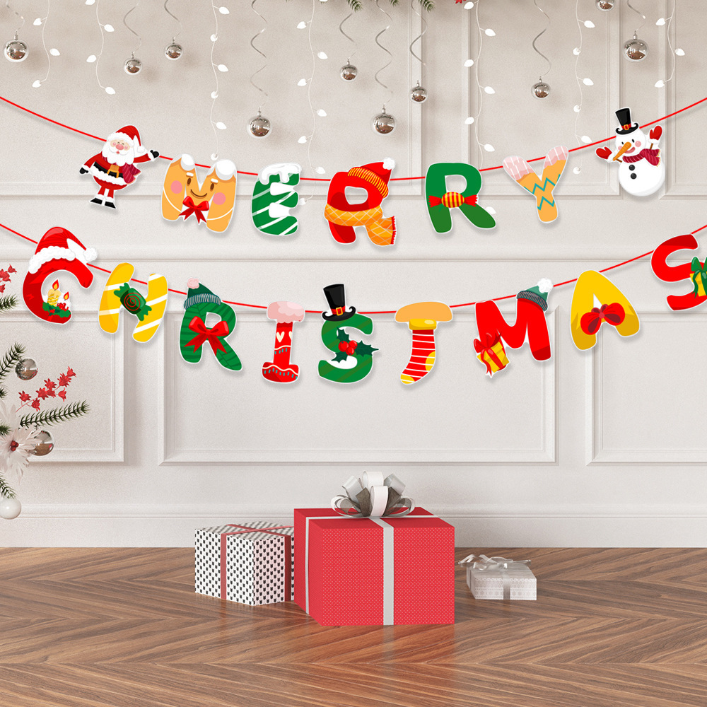 Picture of Christmas Decorations Christmas Pull Flag Hanging Flag Holiday Banner Party Decoration Paper Cartoon Christmas Pull Flower String Flag