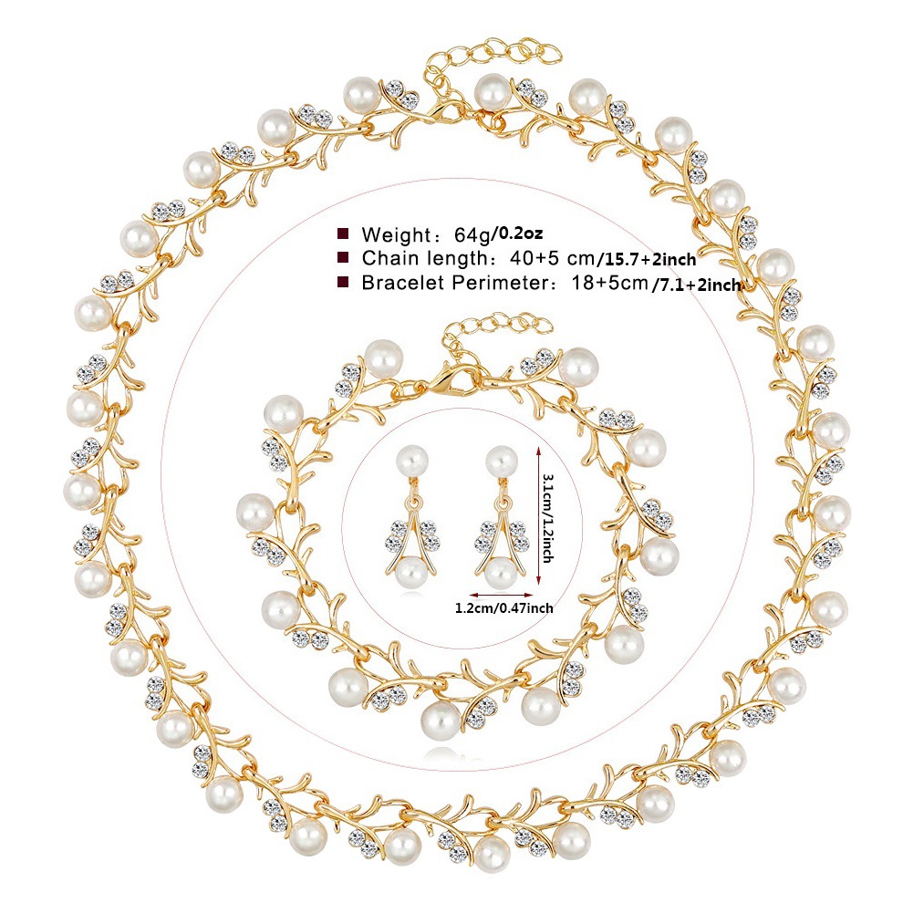 Cross-border e-commerce for fashion alloy flowers diamond pearl necklace earrings bracelet jewelry suit three-piece set