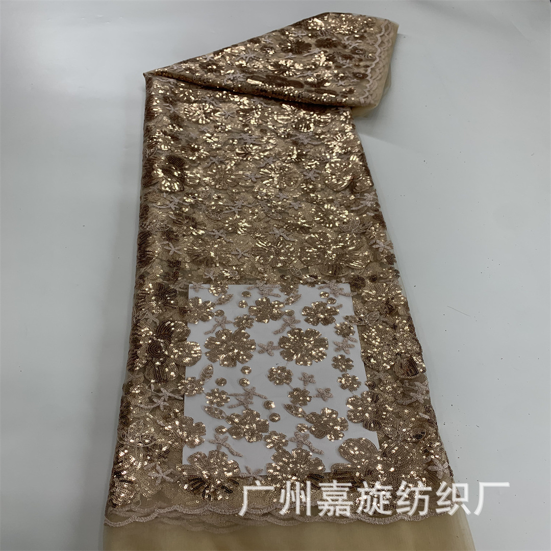 Champagne gold flower sequin embroidery fashion embroidery fabric composite thread mesh cheongsam dress skirt fabric sequins