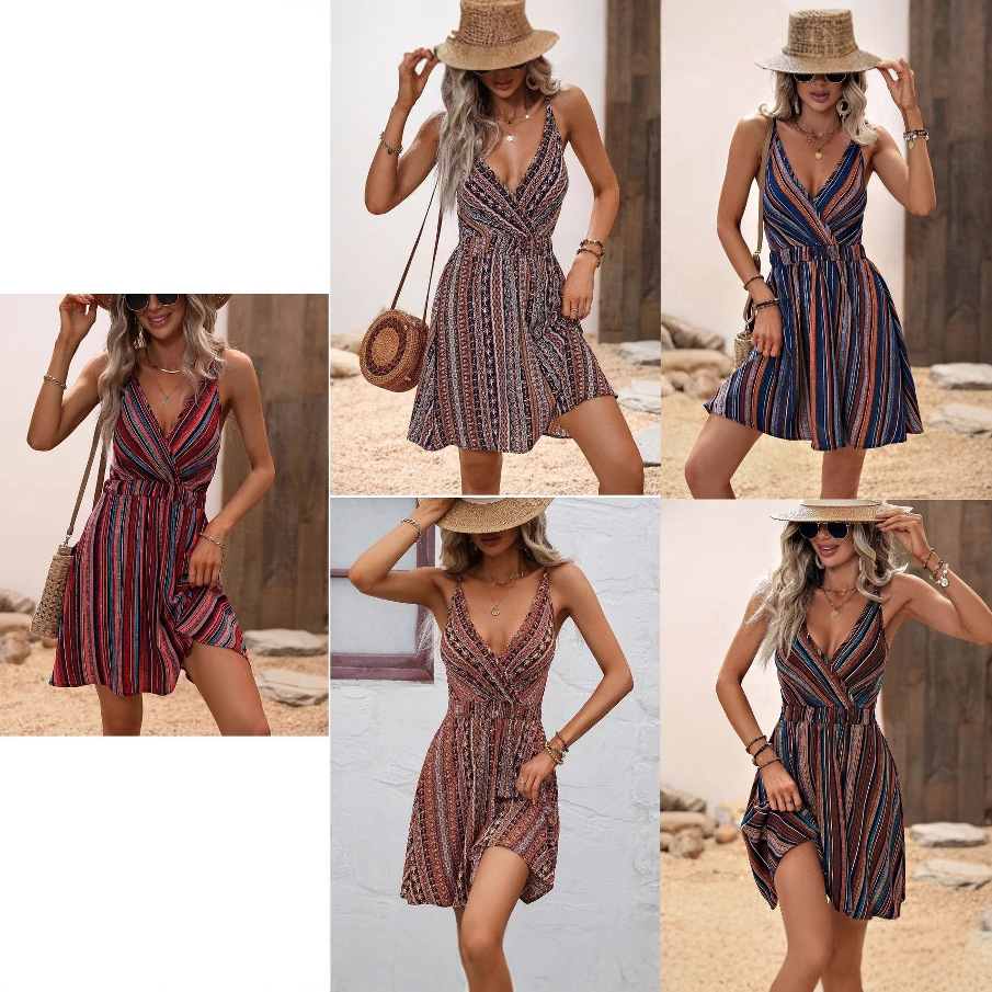 Picture of In-Stock Popular European and American Women's Dress 2025 Summer Striped Wrap V-Neck Spaghetti Strap Elastic Camisole Dress