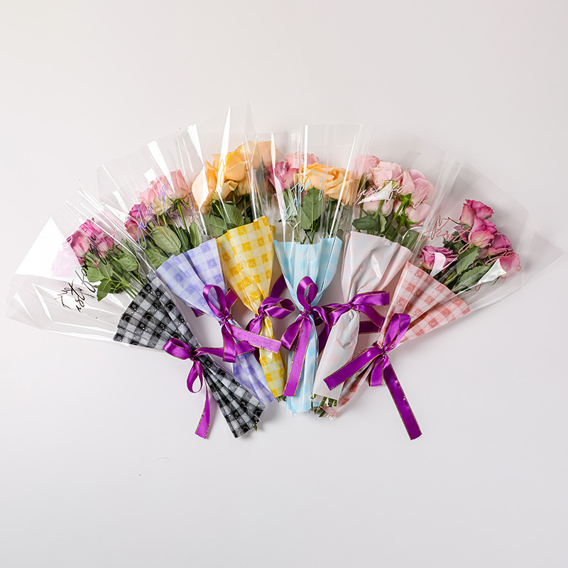 Flower Packaging Bag Youth Grids Multi-Bouquet Wrapping Paper Waterproof Transparent Rose Bouquet Bag Single Bouquet Packaging