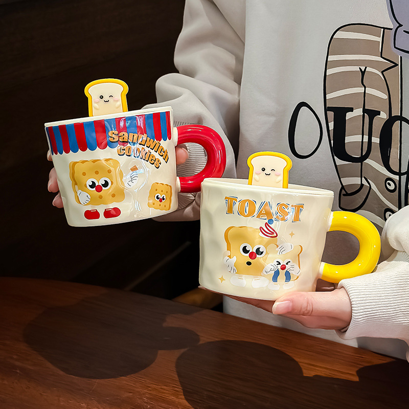 Cute Cartoon Mug with Lid and Spoon Ceramic Cup for Girls High-value Office Water Cup Practical Birthday Gift