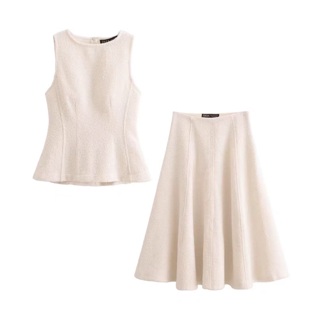 ZA cross-border women's clothing wholesale new round neck texture sleeveless vest long skirt suit 9071106 9072106