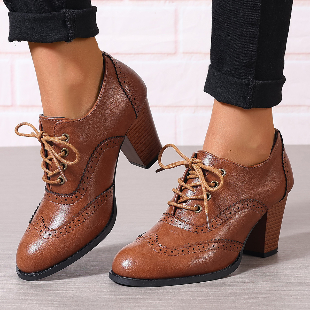 2024 New Foreign Trade Large Size Amazon Round Toe Lace up Women's Fashion Shoes European and American 40-43 Women's High Heels
