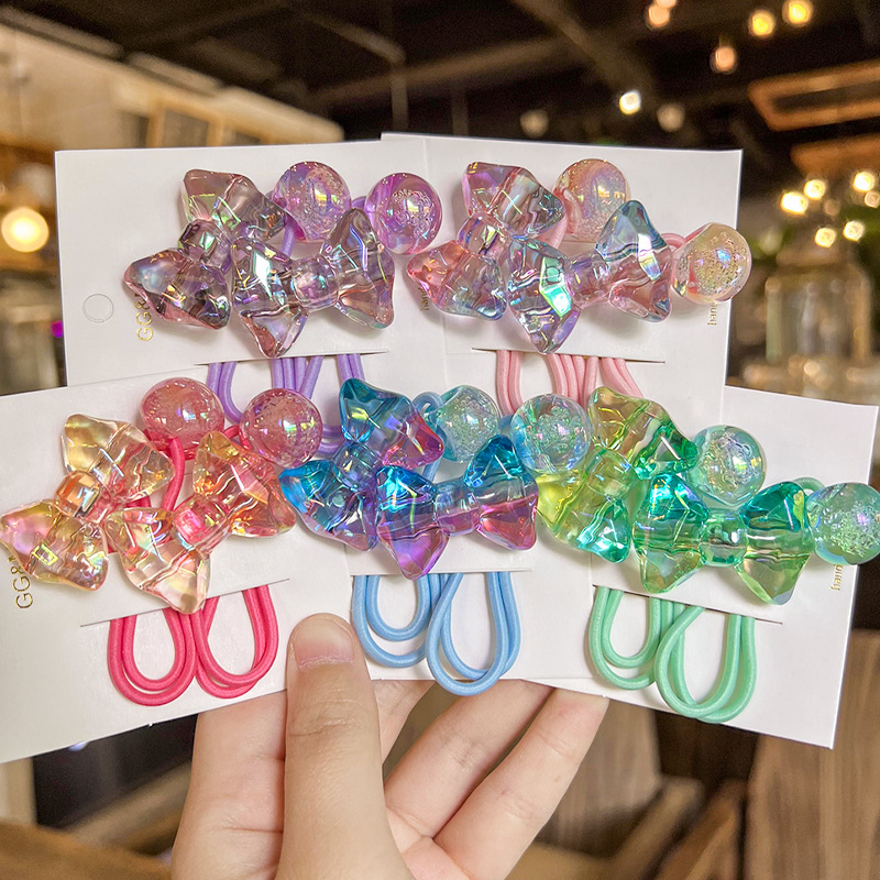 Korean-style Transparent Colorful Bow Hair Rope Children's Cartoon Hair Accessories Bubble Bead-wound Girls' Rubber Tendon Headband Headwear